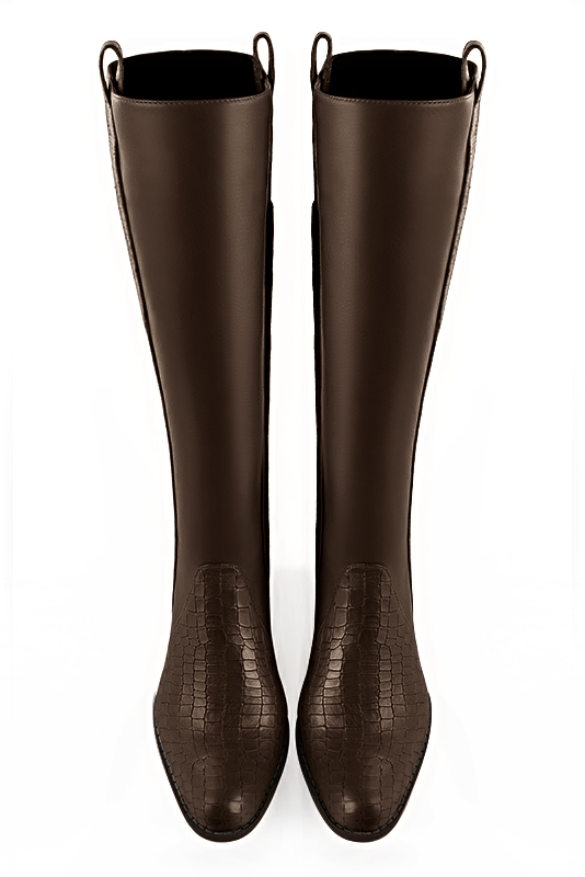 Dark brown women's riding knee-high boots. Round toe. Low leather soles. Made to measure. Top view - Florence KOOIJMAN